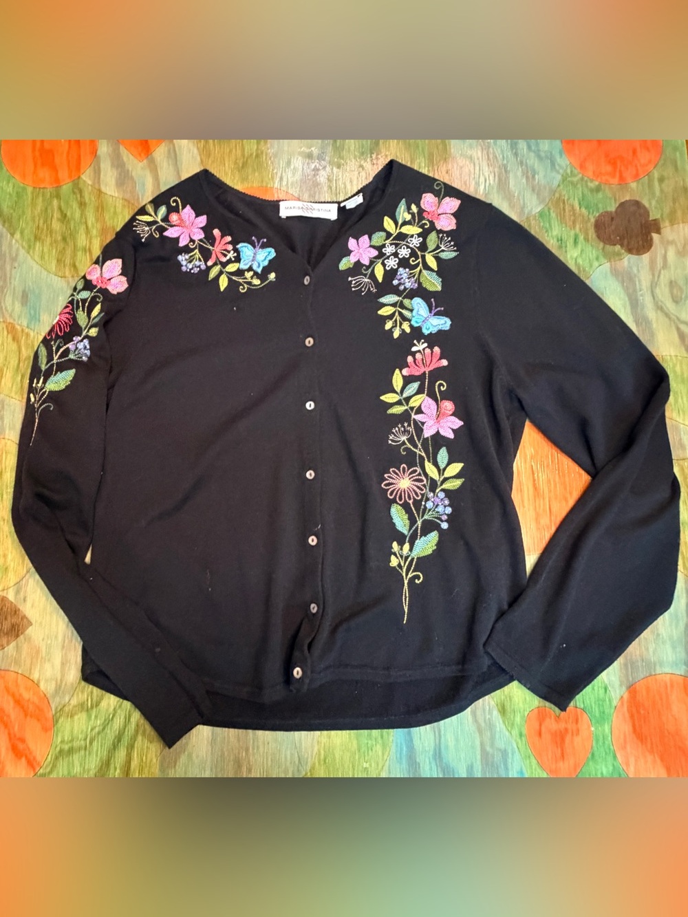 Marisa Christina Embroidered Cardigan Sweater Size Large Black Floral Colorful V
